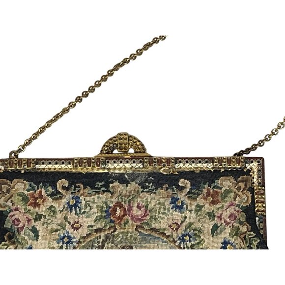 Antique Handmade Floral Needlepoint Tapestry Handbag &amp; Small Coin Purse with - Picture 2 of 16